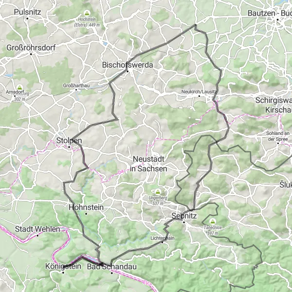 Map miniature of "Königstein Road Adventure" cycling inspiration in Dresden, Germany. Generated by Tarmacs.app cycling route planner
