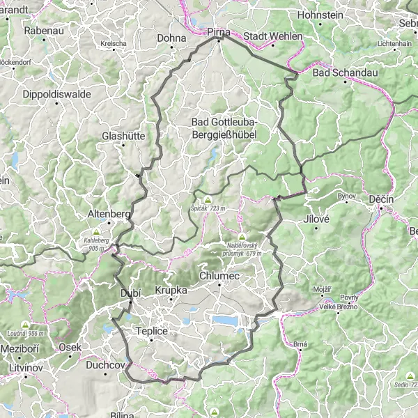 Map miniature of "Challenging Circuit through the Saxon Swiss Mountains" cycling inspiration in Dresden, Germany. Generated by Tarmacs.app cycling route planner