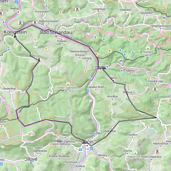 Map miniature of "Scenic Circuit through Czech-German Borderlands" cycling inspiration in Dresden, Germany. Generated by Tarmacs.app cycling route planner