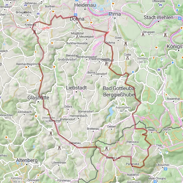 Karten-Miniaturansicht der Radinspiration "Geheimnisvolle Pfade im Osterzgebirge" in Dresden, Germany. Erstellt vom Tarmacs.app-Routenplaner für Radtouren