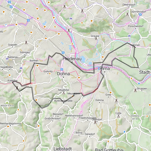 Map miniature of "Discovering the Beautiful Countryside near Kreischa" cycling inspiration in Dresden, Germany. Generated by Tarmacs.app cycling route planner