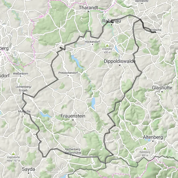 Karten-Miniaturansicht der Radinspiration "Rundfahrt Kreischa - Kreischa (Straße)" in Dresden, Germany. Erstellt vom Tarmacs.app-Routenplaner für Radtouren