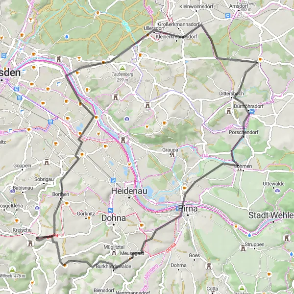 Map miniature of "Cycling through the Scenic Landscapes of Kreischa" cycling inspiration in Dresden, Germany. Generated by Tarmacs.app cycling route planner