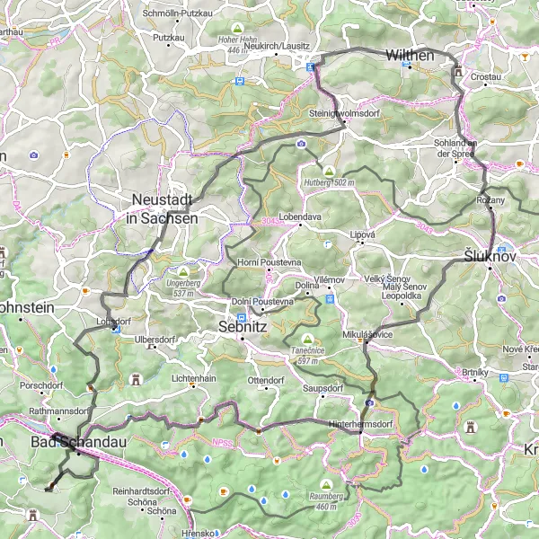 Map miniature of "Road Cycling Challenge to Mikulášovice" cycling inspiration in Dresden, Germany. Generated by Tarmacs.app cycling route planner