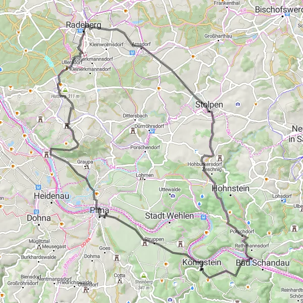 Map miniature of "Discover the Saxon Countryside" cycling inspiration in Dresden, Germany. Generated by Tarmacs.app cycling route planner