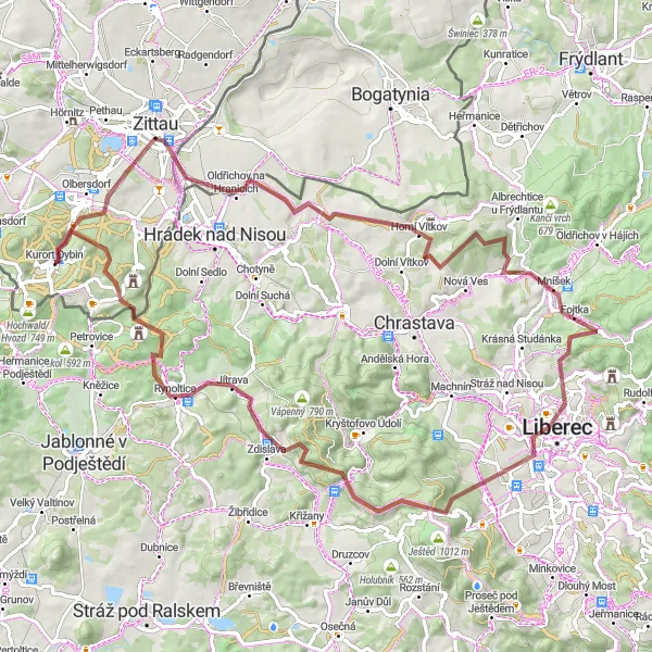 Map miniature of "Grand Tour from Oybin" cycling inspiration in Dresden, Germany. Generated by Tarmacs.app cycling route planner
