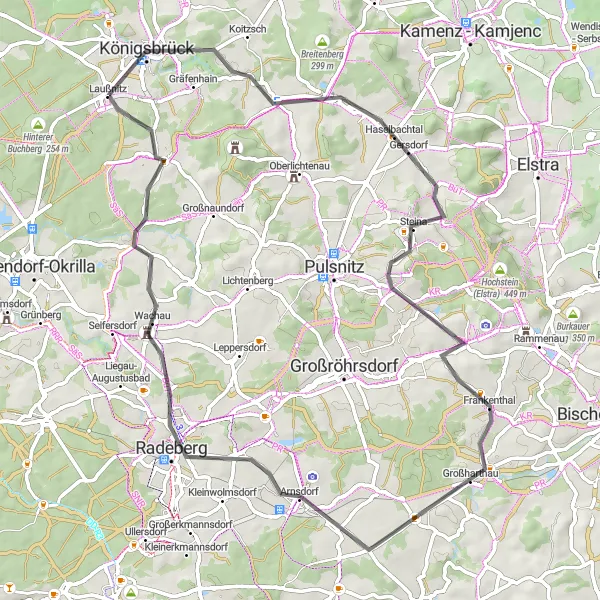 Karten-Miniaturansicht der Radinspiration "Radeln durch die malerische Landschaft um Laußnitz" in Dresden, Germany. Erstellt vom Tarmacs.app-Routenplaner für Radtouren