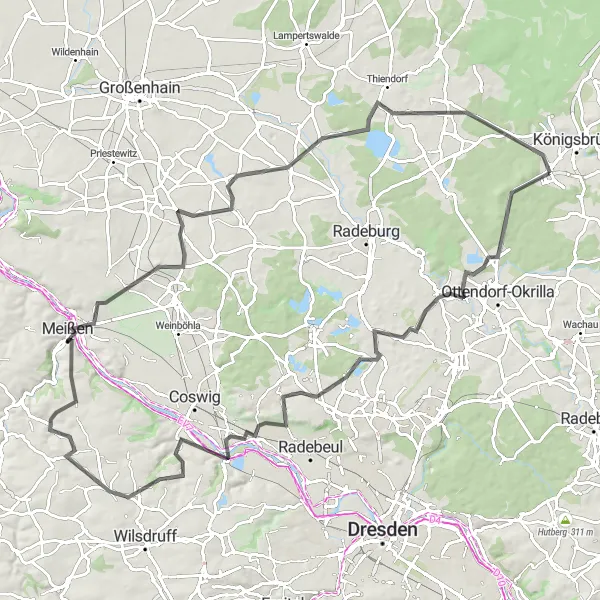 Map miniature of "The Scenic Road Voyage" cycling inspiration in Dresden, Germany. Generated by Tarmacs.app cycling route planner