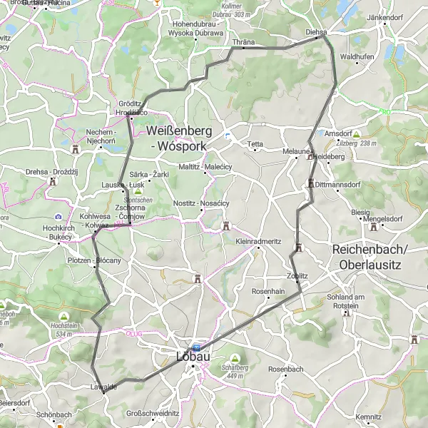Map miniature of "Scenic Road Cycling Tour of Lehn - Lejno and Schloss Krobnitz" cycling inspiration in Dresden, Germany. Generated by Tarmacs.app cycling route planner