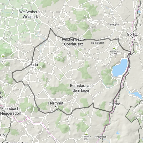 Map miniature of "Road Cycling Adventure to Großschweidnitz and Ostritz" cycling inspiration in Dresden, Germany. Generated by Tarmacs.app cycling route planner