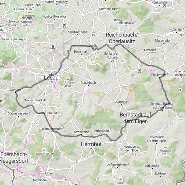 Map miniature of "Scenic Road Ride through Lärchenberg and Großschweidnitz" cycling inspiration in Dresden, Germany. Generated by Tarmacs.app cycling route planner