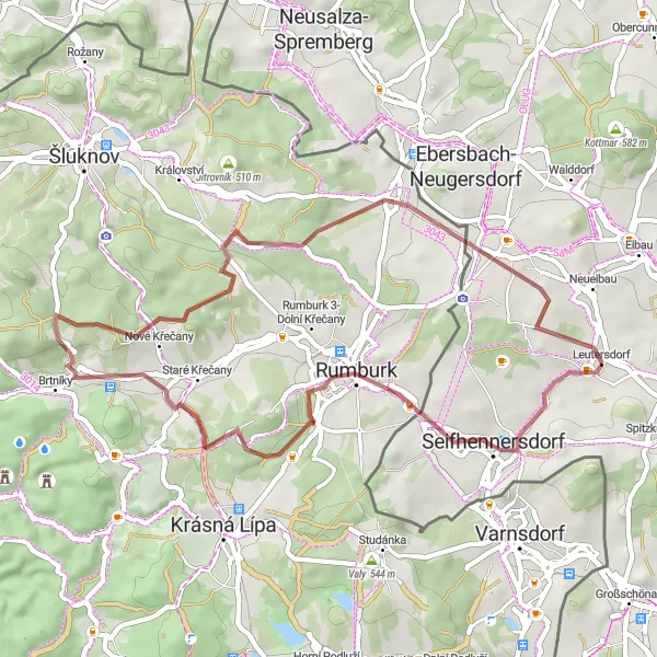 Map miniature of "Windmühlberg and Horní Jindřichov Gravel Route" cycling inspiration in Dresden, Germany. Generated by Tarmacs.app cycling route planner