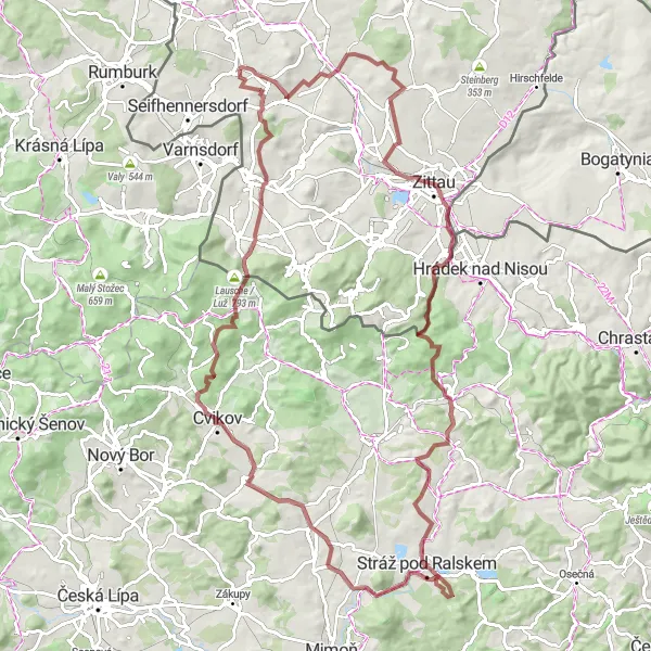 Map miniature of "Hofeberg and Stráž pod Ralskem Gravel Route" cycling inspiration in Dresden, Germany. Generated by Tarmacs.app cycling route planner
