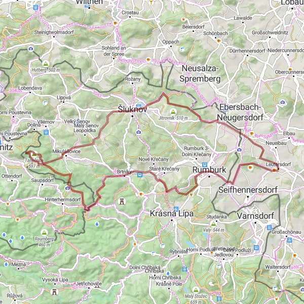 Map miniature of "Jockelberg and Šluknov Gravel Route" cycling inspiration in Dresden, Germany. Generated by Tarmacs.app cycling route planner