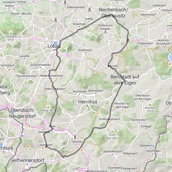 Map miniature of "Rötheberg and Großhennersdorf Road Route" cycling inspiration in Dresden, Germany. Generated by Tarmacs.app cycling route planner