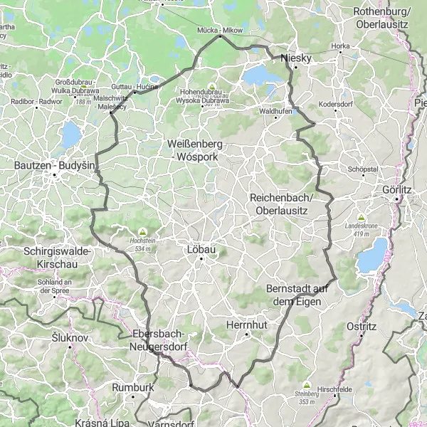 Map miniature of "Bauerberg and Ullersdorf Road Route" cycling inspiration in Dresden, Germany. Generated by Tarmacs.app cycling route planner