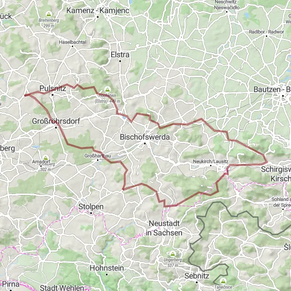 Map miniature of "Gravel Exploration: Pulsnitz and Wilthen" cycling inspiration in Dresden, Germany. Generated by Tarmacs.app cycling route planner