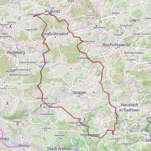 Karten-Miniaturansicht der Radinspiration "Gravel-Tour durch Polenz und Burg Hohnstein" in Dresden, Germany. Erstellt vom Tarmacs.app-Routenplaner für Radtouren