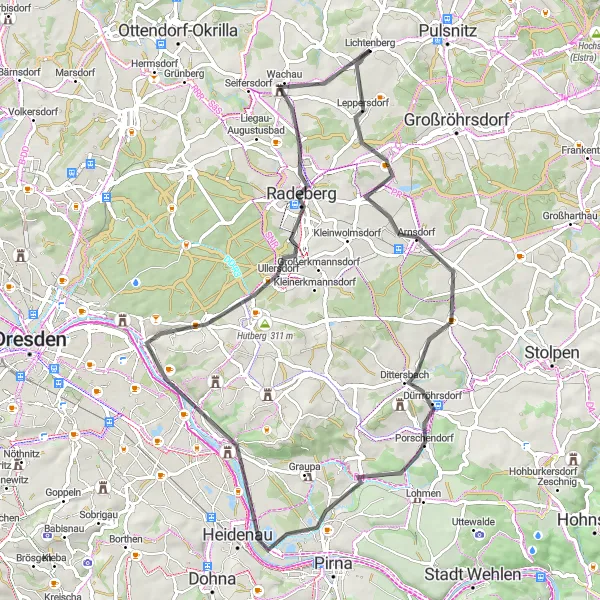 Map miniature of "Sandberg and Pillnitz Road Adventure" cycling inspiration in Dresden, Germany. Generated by Tarmacs.app cycling route planner
