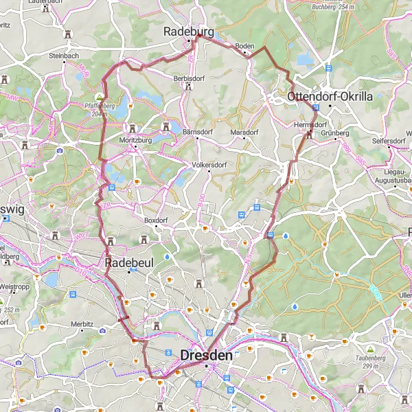 Map miniature of "Gravel Fun in Dresden's Outskirts" cycling inspiration in Dresden, Germany. Generated by Tarmacs.app cycling route planner