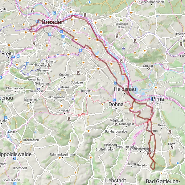 Map miniature of "Gravel Adventure" cycling inspiration in Dresden, Germany. Generated by Tarmacs.app cycling route planner