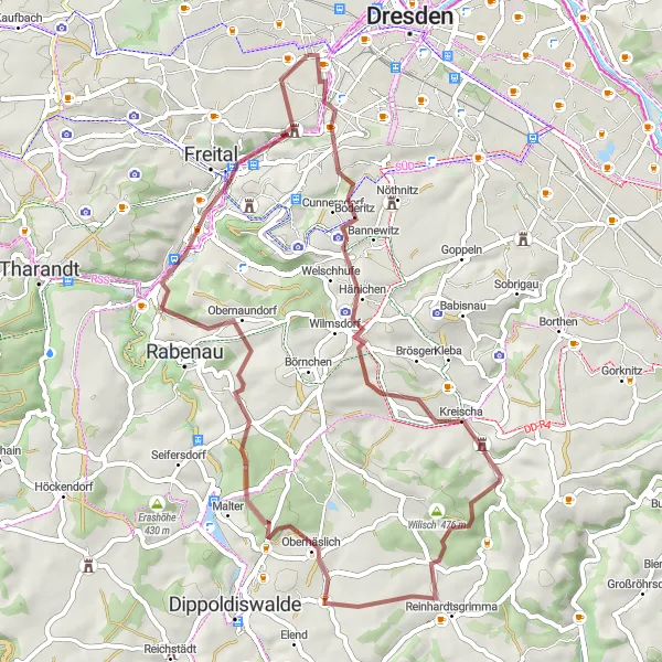 Map miniature of "Zwinger to Zschoner Grund" cycling inspiration in Dresden, Germany. Generated by Tarmacs.app cycling route planner