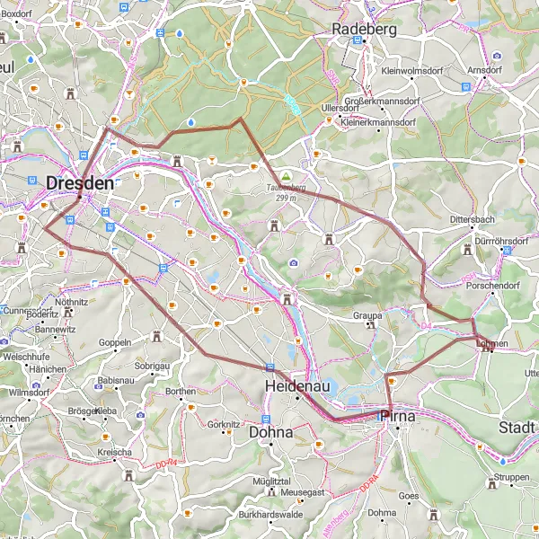 Map miniature of "Lohmen - Heidenau - Dresden - Schloss Albrechtsberg - Taubenberg - Kohlberg - Liebethal" cycling inspiration in Dresden, Germany. Generated by Tarmacs.app cycling route planner