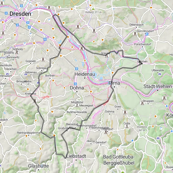 Map miniature of "Lohmen - Pirna - Kohlberg - Eichleite - Hausdorf - Trümmerberg - Loschwitzer Brücke - Schloss Pillnitz - Rysselkuppe - Koordinatenstein - Schloss Lohmen" cycling inspiration in Dresden, Germany. Generated by Tarmacs.app cycling route planner