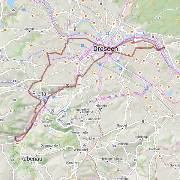 Map miniature of "Gravel Paradise" cycling inspiration in Dresden, Germany. Generated by Tarmacs.app cycling route planner
