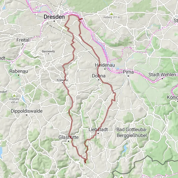 Karten-Miniaturansicht der Radinspiration "Herausforderung Elbhöhen Gravel-Tour" in Dresden, Germany. Erstellt vom Tarmacs.app-Routenplaner für Radtouren