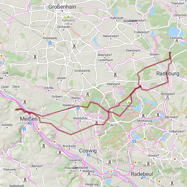 Karten-Miniaturansicht der Radinspiration "Gravelroute durch die Umgebung von Meissen" in Dresden, Germany. Erstellt vom Tarmacs.app-Routenplaner für Radtouren