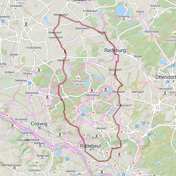 Karten-Miniaturansicht der Radinspiration "Gravel-Tour durch Kreyernberg und Weinberg" in Dresden, Germany. Erstellt vom Tarmacs.app-Routenplaner für Radtouren
