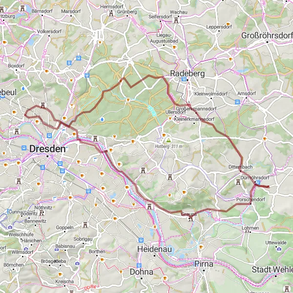 Karten-Miniaturansicht der Radinspiration "Gravel-Tour nach Pieschen und Rysselkuppe" in Dresden, Germany. Erstellt vom Tarmacs.app-Routenplaner für Radtouren