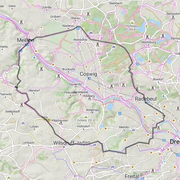 Map miniature of "Mickten Highlights Ride" cycling inspiration in Dresden, Germany. Generated by Tarmacs.app cycling route planner