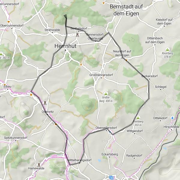 Karten-Miniaturansicht der Radinspiration "Rund um Mittelherwigsdorf auf der Straße" in Dresden, Germany. Erstellt vom Tarmacs.app-Routenplaner für Radtouren