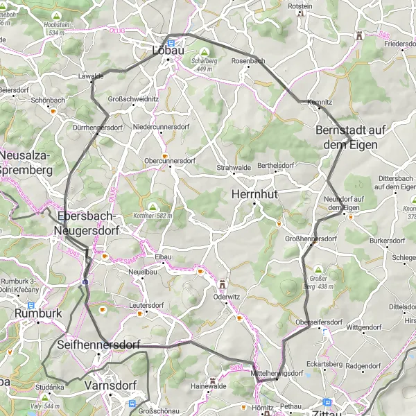Map miniature of "Exploring the Eastern Uplands" cycling inspiration in Dresden, Germany. Generated by Tarmacs.app cycling route planner