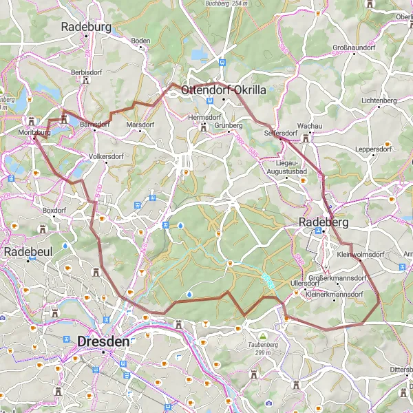 Map miniature of "Enchanting Gravel Loop to Radeberg and Schloss Albrechtsberg" cycling inspiration in Dresden, Germany. Generated by Tarmacs.app cycling route planner