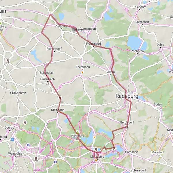 Map miniature of "Picturesque Gravel Ride to Weinberg and Bachberg" cycling inspiration in Dresden, Germany. Generated by Tarmacs.app cycling route planner