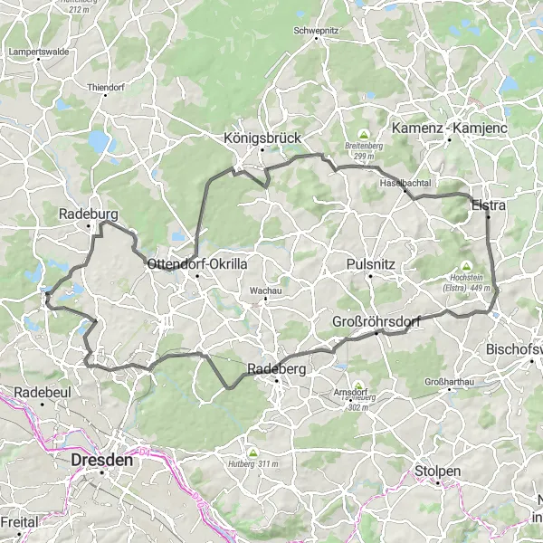 Map miniature of "Moritzburg to Kreuzhübel Road Route" cycling inspiration in Dresden, Germany. Generated by Tarmacs.app cycling route planner