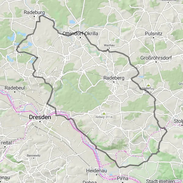Karten-Miniaturansicht der Radinspiration "Bergdörfer und Schlösser Rundweg" in Dresden, Germany. Erstellt vom Tarmacs.app-Routenplaner für Radtouren