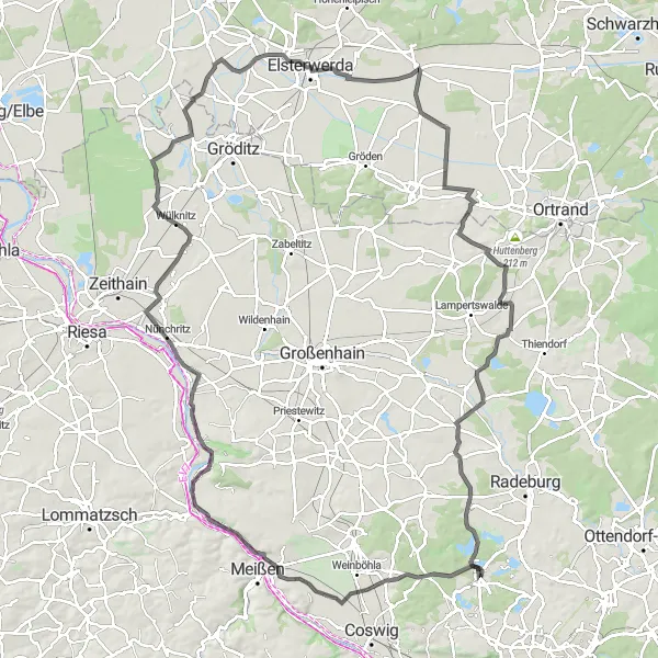 Map miniature of "Moritzburg to Elsterwerda Road Route" cycling inspiration in Dresden, Germany. Generated by Tarmacs.app cycling route planner