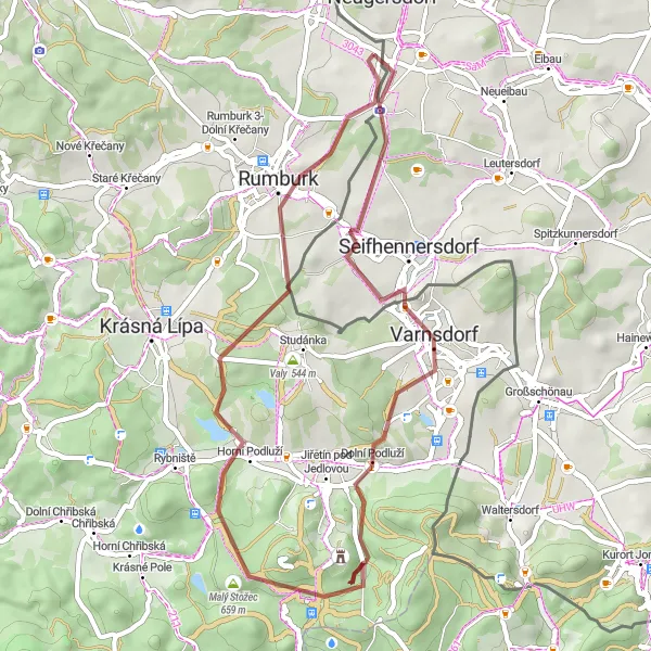 Map miniature of "Gravel Adventure around Neugersdorf" cycling inspiration in Dresden, Germany. Generated by Tarmacs.app cycling route planner
