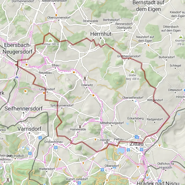 Map miniature of "Discover the Kottmar Mountain" cycling inspiration in Dresden, Germany. Generated by Tarmacs.app cycling route planner