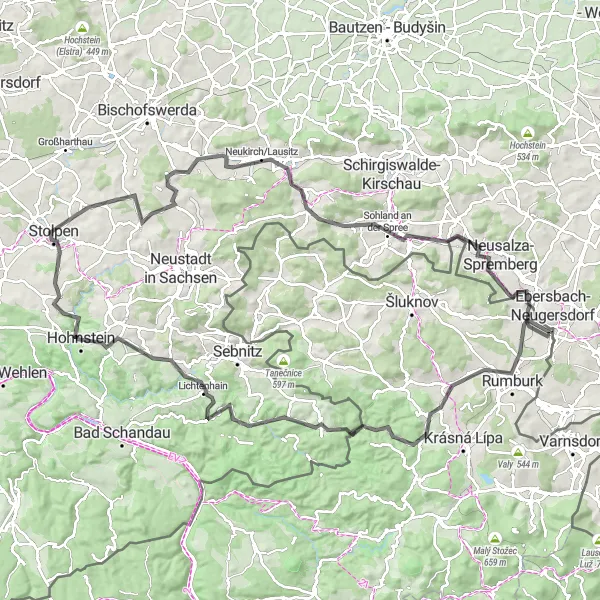 Karten-Miniaturansicht der Radinspiration "Malý Stožec und Varnsdorf Rundfahrroute" in Dresden, Germany. Erstellt vom Tarmacs.app-Routenplaner für Radtouren