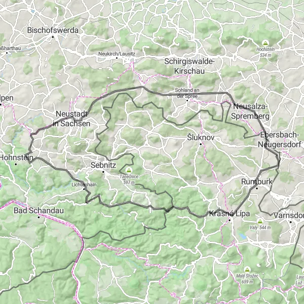 Map miniature of "Road Cycling Adventure around Neugersdorf" cycling inspiration in Dresden, Germany. Generated by Tarmacs.app cycling route planner