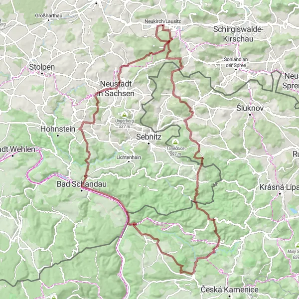 Karten-Miniaturansicht der Radinspiration "Gravel-Abenteuer im böhmischen Grenzland" in Dresden, Germany. Erstellt vom Tarmacs.app-Routenplaner für Radtouren