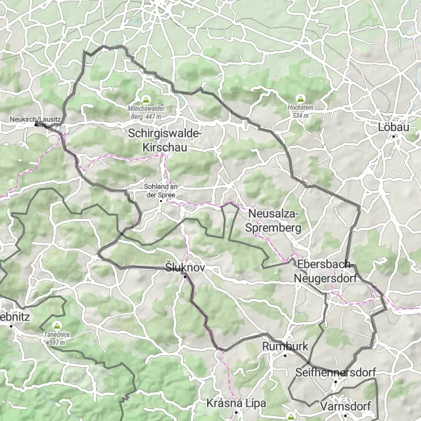 Map miniature of "The Challenging Road Loop" cycling inspiration in Dresden, Germany. Generated by Tarmacs.app cycling route planner