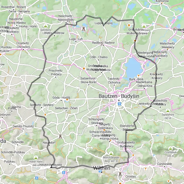 Map miniature of "The Bautzen Loop" cycling inspiration in Dresden, Germany. Generated by Tarmacs.app cycling route planner