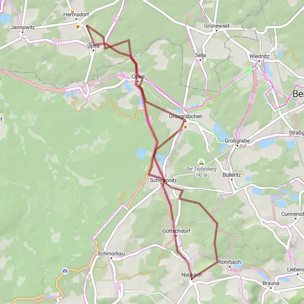 Map miniature of "Gravel Expedition - Discovering Schwepnitz" cycling inspiration in Dresden, Germany. Generated by Tarmacs.app cycling route planner