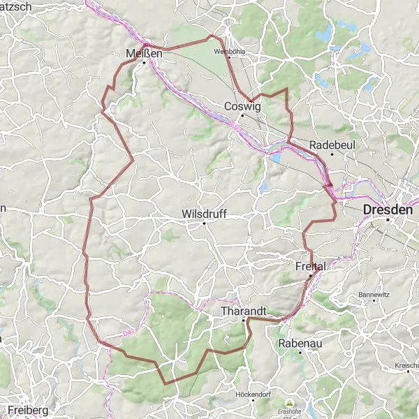 Map miniature of "Gravel Adventure to Jacobstein and Niederschöna" cycling inspiration in Dresden, Germany. Generated by Tarmacs.app cycling route planner